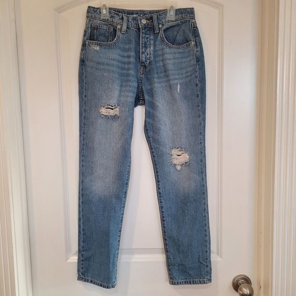 Old Navy Girl's OG Straight Blue Med Wash Cotton Distressed High Rise Jeans NEW - Picture 1 of 8